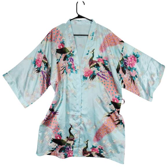 Kimono Robe OS Women Short Light Blue Pink Peach Purple Peacocks Flowers Silky - Picture 1 of 8